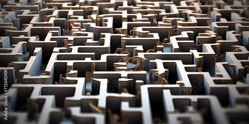 A maze with a clear path to the end representing  Gray maze of concrete walls  3d Render Of A Complex Background. 