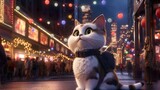 Animierte Katze bestaunt nächtliche Straßenbeleuchtung
