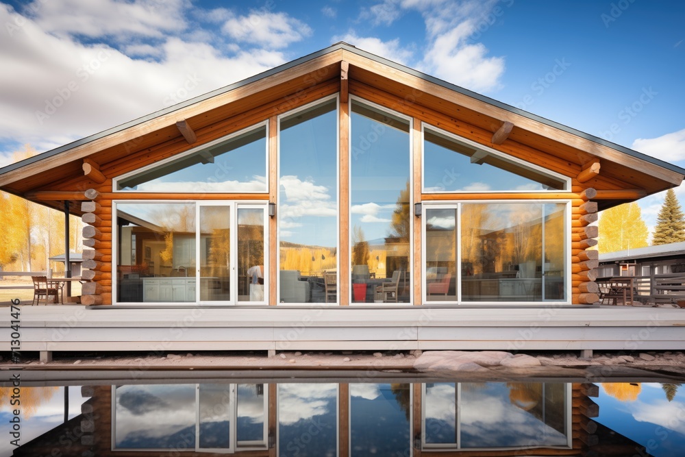 log cabin with reflective glass windows mirroring the surrounding wilderness log cabin with reflective glass windows mirroring the surrounding wilderness