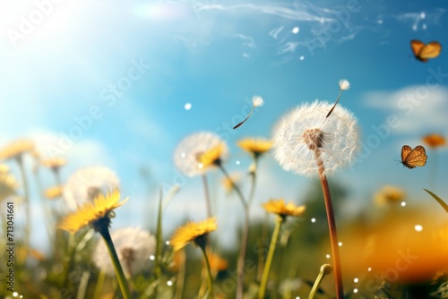 Bunch of Dandelions Blowing in the Wind, Delicate Seeds Scatter in the Breeze