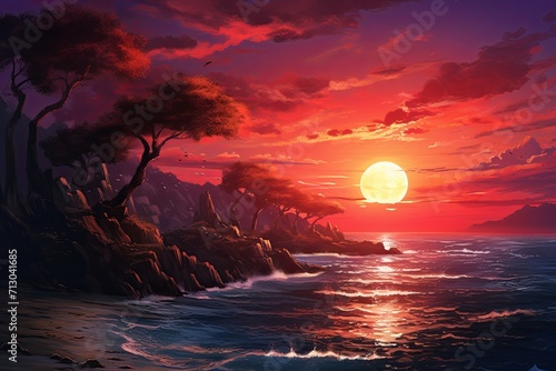 Painting of Sunset Over Ocean  Tranquil and Awe-Inspiring Scene Captured on Canvas