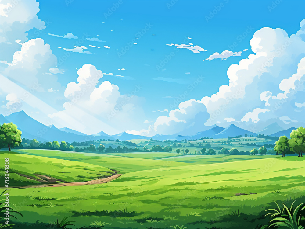 A vibrant and cheerful landscape featuring a cloudless blue sky, filled with warmth and radiance.