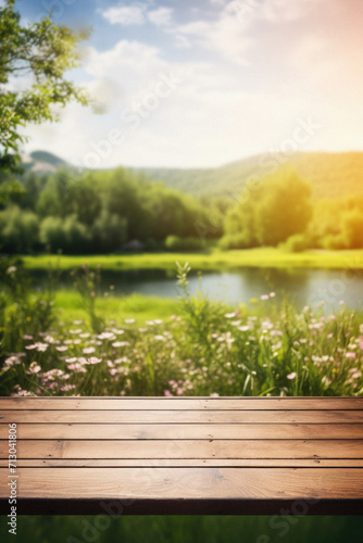 Wooden table spring nature bokeh background  empty wood desk product display mockup with green park sunny blurry abstract garden backdrop landscape ads showcase presentation. Mock up  copy space.