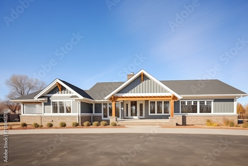 ranch with mixed siding and brick accents, clear sky above