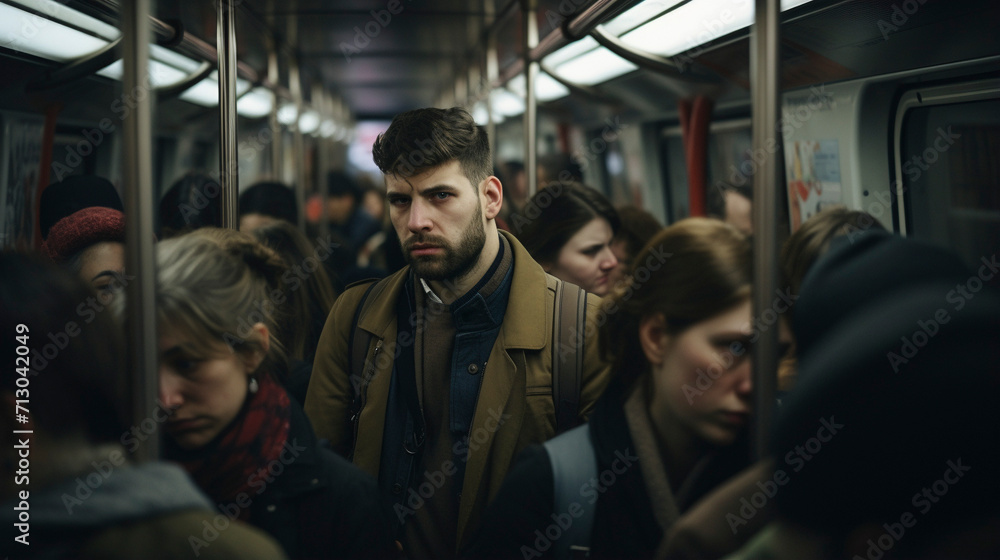 Metro Journeys: Men in the Midst of the Commuting Chaos, Generative AI Metro Journeys: Men in the Midst of the Commuting Chaos, Generative AI