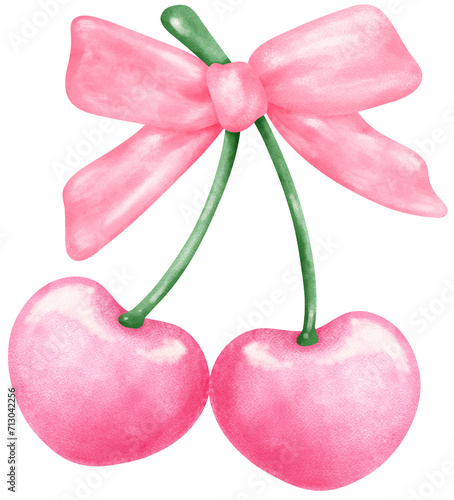 Coquette cherries with ribbon bow watercolor