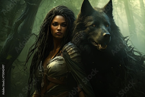 Woman Holding Wolf in Forest, Enchanting Bond of Human and Animal in Natures Embrace