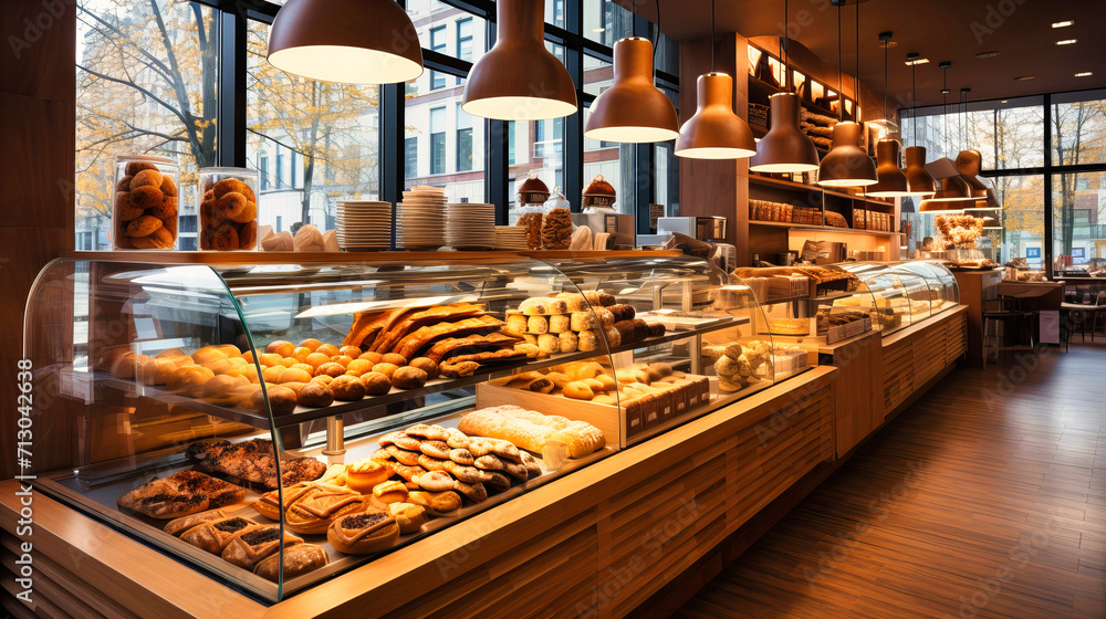Bakery and Pastry Shop Interior with Fresh Dessert Display and Tempting Treats Bakery and Pastry Shop Interior with Fresh Dessert Display and Tempting Treats