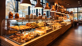 Bakery and Pastry Shop Interior with Fresh Dessert Display and Tempting Treats