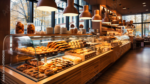 Bakery and Pastry Shop Interior with Fresh Dessert Display and Tempting Treats photo