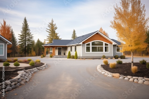 cottage with a winding gravel driveway lined with trees