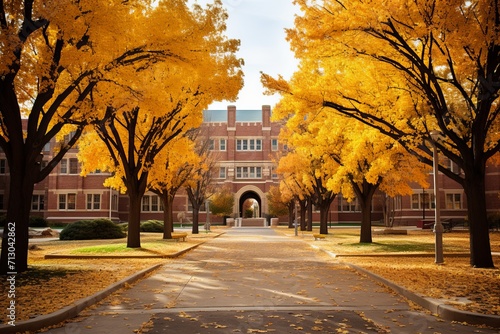 Stunning Fall View of a College Campus With Vibrant Yellow Trees