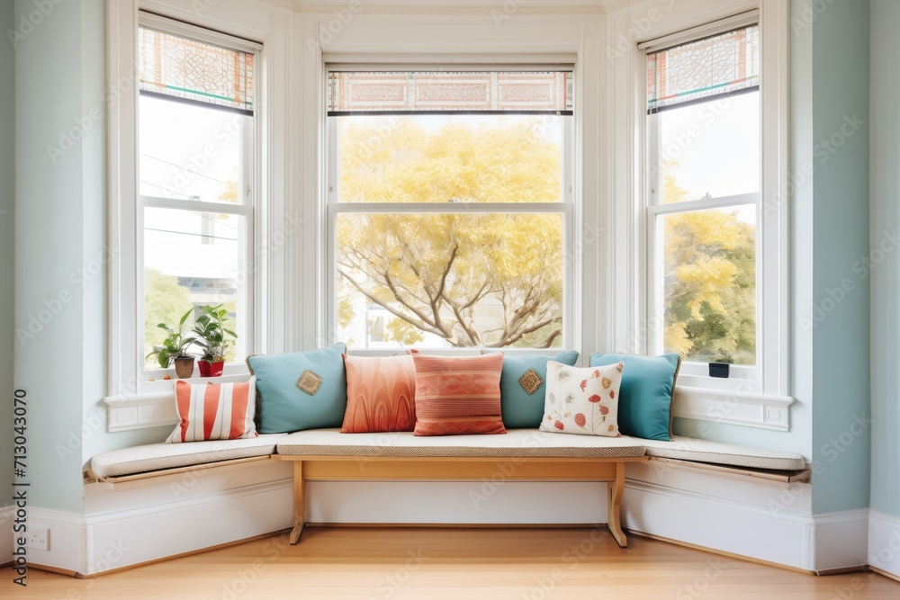 bay window with seat and cushion in victorian interior - obrazy, fototapety, plakaty 