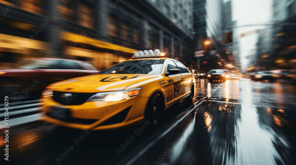Obraz premium Cityscape Chronicles: Taxis in the Heart of Downtown Life, Generative AI