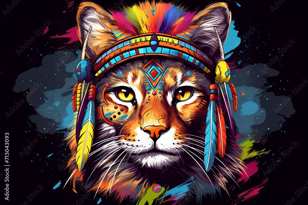 Cat Wearing Indian Headdress, Playful Feline Sporting a Traditional Native American Inspired Hat