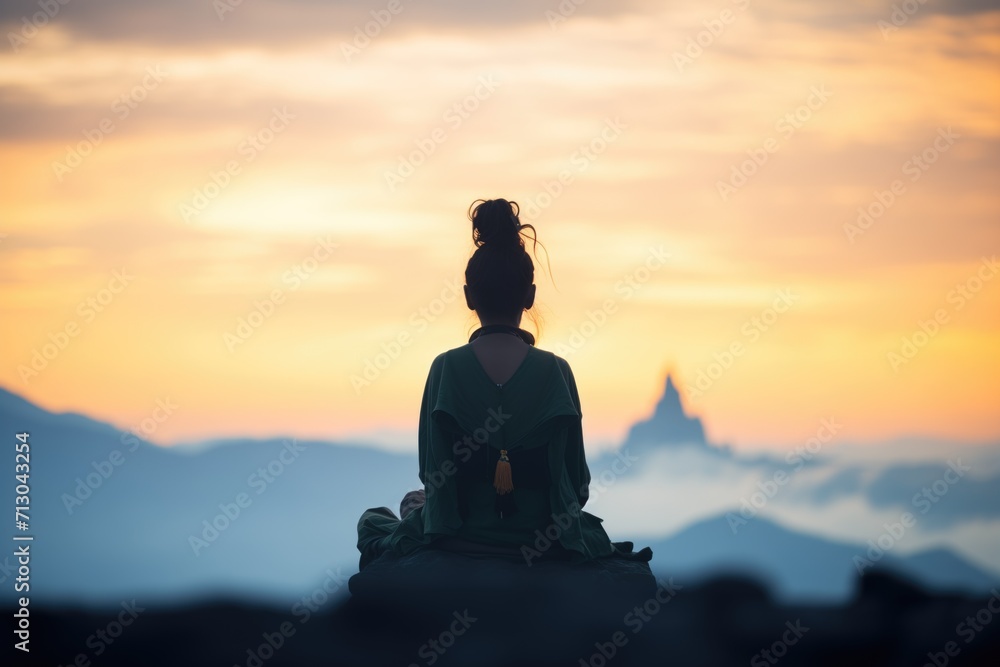silhouette in lotus pose atop a mountain