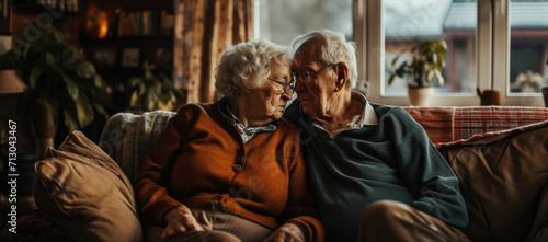 Portrait of old couple sitting together at home on sofa