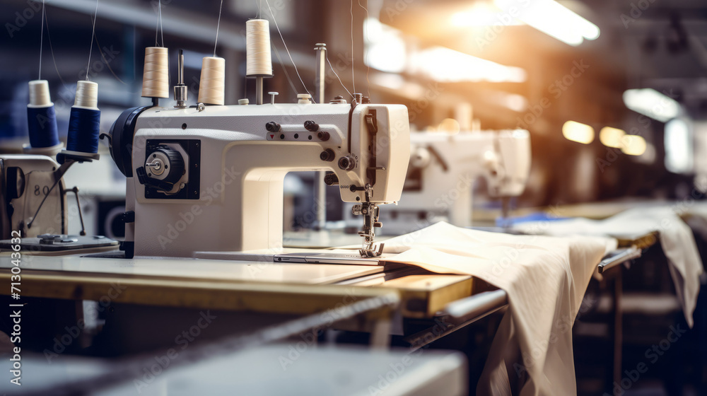 Fototapeta premium Close-up of the interior of a clothing and textile workshop. The workspace of a seamstress and a dressmaker. A garment factory on an industrial scale, a large clothing business.