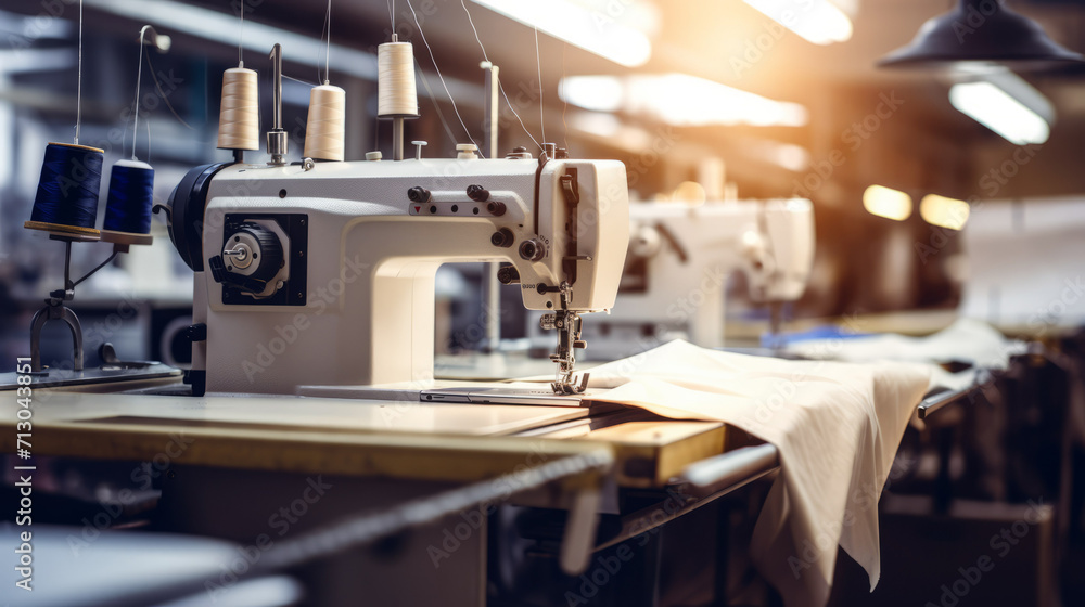 Modern sewing machines in a large sewing factory. Industrial business on a large scale for sewing clothes, bed linen, textiles, furniture upholstery.