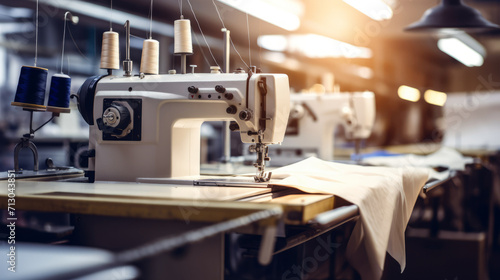 Modern sewing machines in a large sewing factory. Industrial business on a large scale for sewing clothes, bed linen, textiles, furniture upholstery.