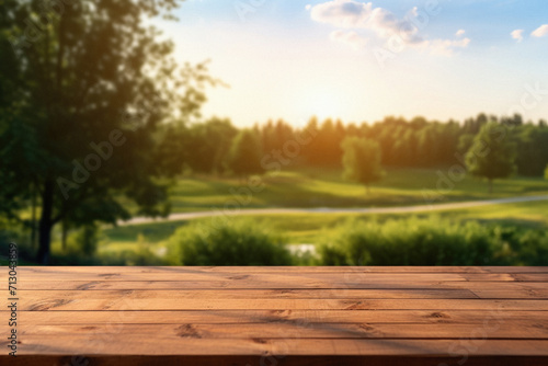 Wooden table spring nature bokeh background, empty wood desk product display mockup with green park sunny blurry abstract garden backdrop landscape ads showcase presentation. Mock up, copy space.