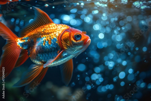 Menacing futuristic goldfish , glowing elements on under the water. Generative AI © Zero Zero One