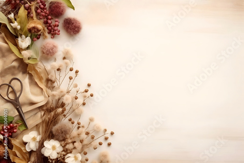 brown and beige autumn flowers or dry flowers on a light background in a garden theme with garden scissors, a place for text