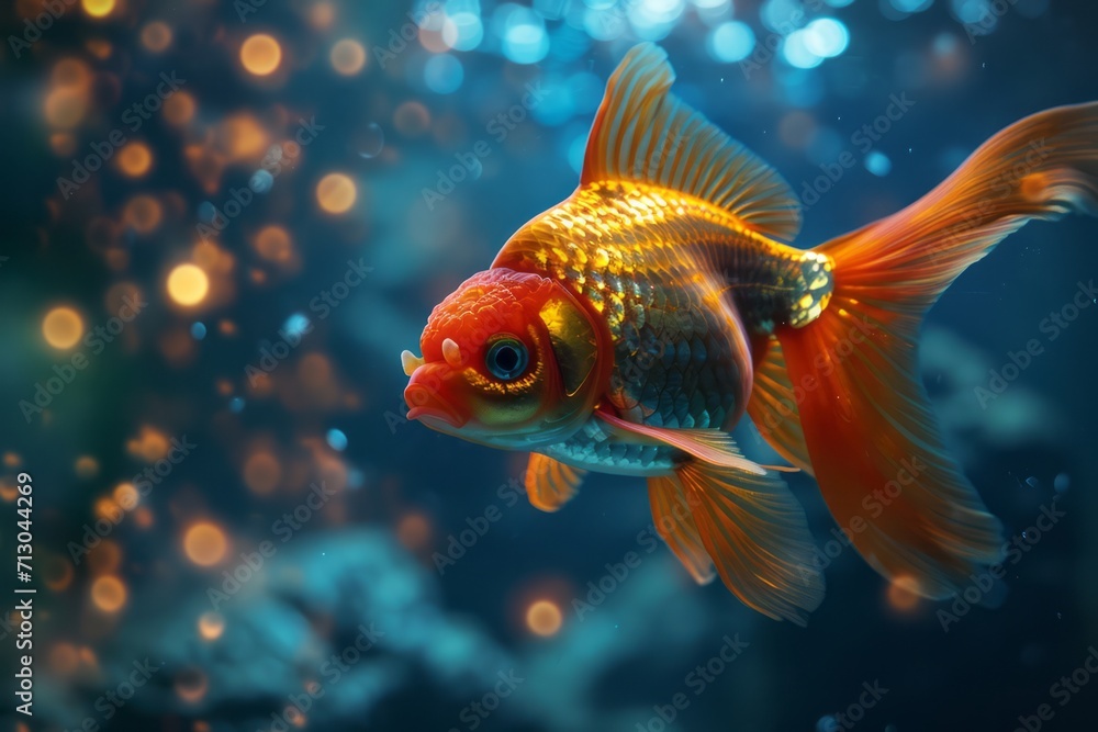 Menacing futuristic goldfish , glowing elements on under the water. Generative AI