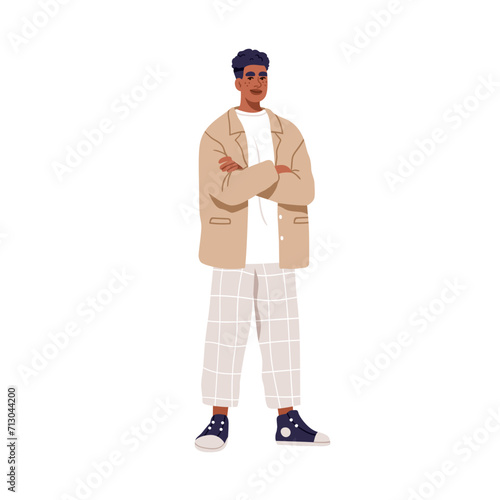 Black man in modern fashion clothes. Young Latino guy standing with arms crossed, wearing sneakers, blazer, apparel, outfit in trendy style. Flat vector illustration isolated on white background