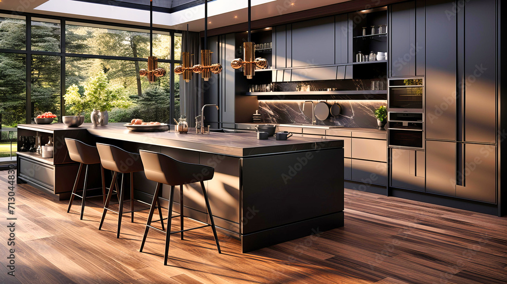 Luxury Kitchen Interior with Modern Design, Wooden Elements, and Elegant Appliance