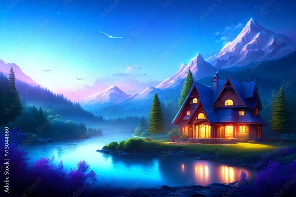 Fototapeta premium House beside river with blue sky and mountain 03