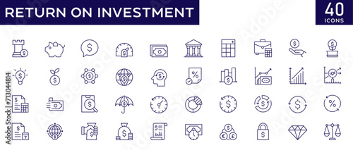 Return on investment icons set with fully editable stroke thin line vector illustration with investment, capital, sales, interested field, dividend, cost of investment, return, profit, strategy, ROI