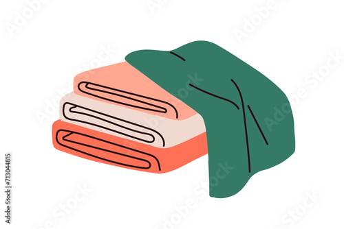 Folded clothes stack. Clean fresh garments stored in pile. Neat apparel items, tshirts, textile, fabric, towels, wipers storage. Flat graphic vector illustration isolated on white background