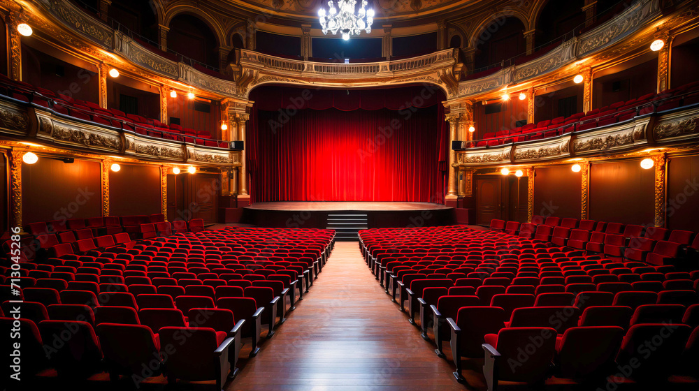 Naklejka premium Interior of a Classic Opera Hall with Red Velvet Seats and Gold Accents