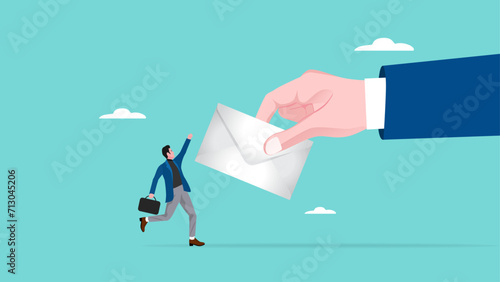 receiving email, get instructions or work orders via email, getting job via email, business information by email, businessman communication with customer or client, man get envelope from businessman