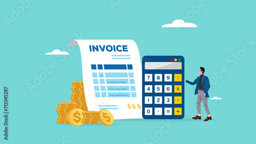 businessman with invoice paper calculator and money coin, getting paid salary concept vector illustration, salary payment or get income for his job, business earning or freelance illustration