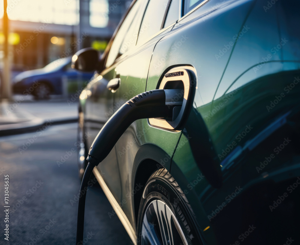 plugging in charging Electric car charging battery at EV charger station. Green energy power. plugging in charging Electric car charging battery at EV charger station. Green energy power.