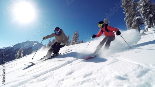 Couple on ski slope skiing on sunny day in the alps.