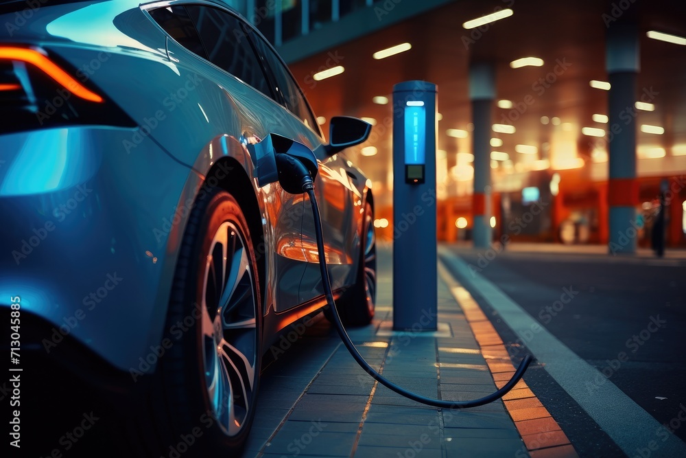 plugging in charging Electric car charging battery at EV charger station. Green energy power. plugging in charging Electric car charging battery at EV charger station. Green energy power.