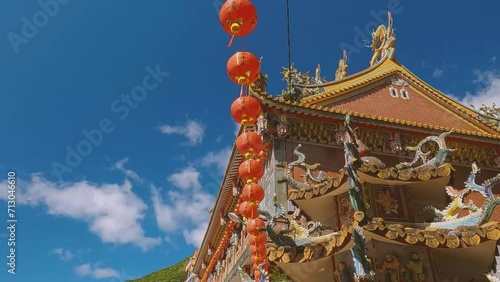 Chinese red lantern outside asian religious palace. Travel asia, discover Jiufen and Xiahai City God temple. Historical religious building in chinese style.