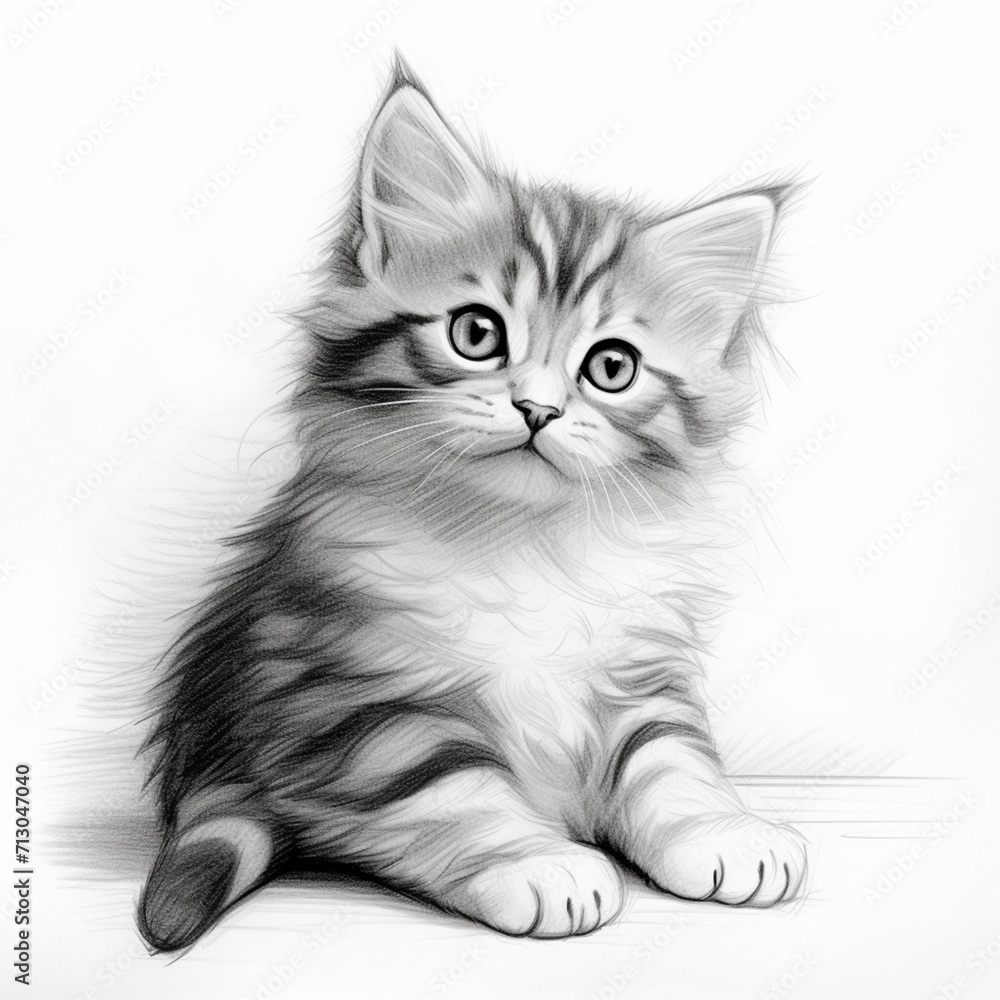 Pencil sketch cute cat animal drawing image Generative AI Pencil sketch cute cat animal drawing image Generative AI