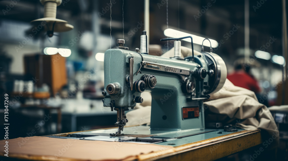 Close-up of modern sewing machines in a factory. Tailoring and textiles. The workroom of seamstresses and dressmakers. Industrial scale. Close-up of modern sewing machines in a factory. Tailoring and textiles. The workroom of seamstresses and dressmakers. Industrial scale.