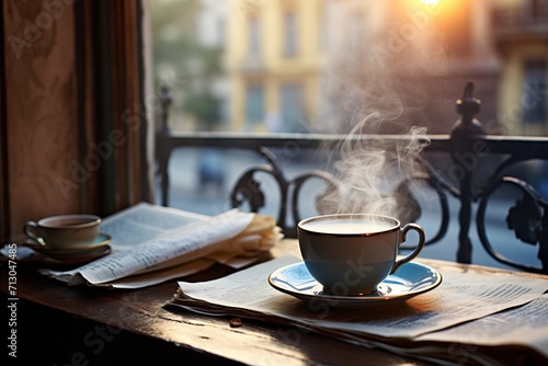 Invigorating steaming cup of coffee and daily newspaper on the relaxing window sill
