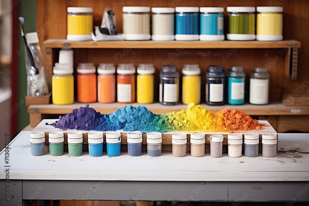 colorful dye powder lineup on a dyers workbench