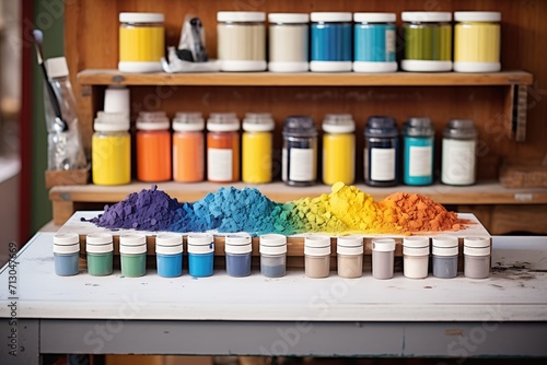 colorful dye powder lineup on a dyers workbench photo