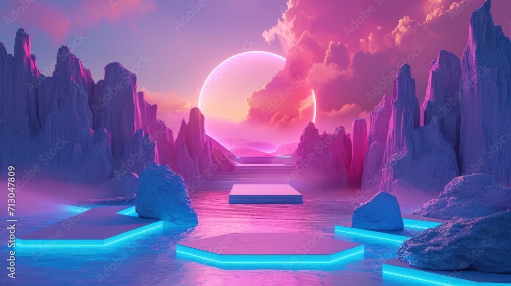 Surreal landscape with neon form in the water and colorful sand. Podium, display on the background of abstract shapes and objects. Fantasy world, futuristic fantasy image.