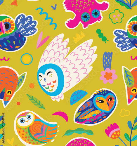 Seamless pattern with cute bright decorative owls and small nature elements around. Vector illustration