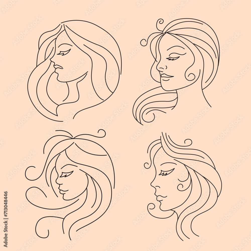 Women icon set, logo flat design, paintbrush, hand draw vector, minimal line