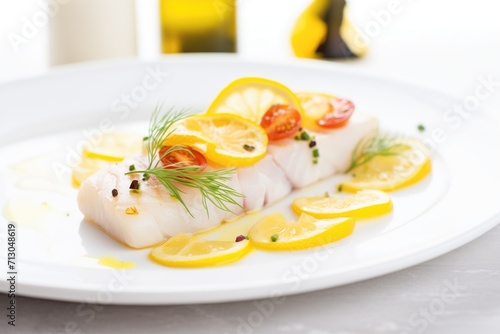 cod fillet with lemon slices on white plate