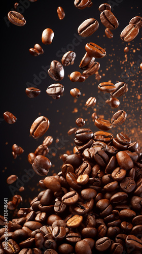 Coffee beans falling into the air on a black background.
